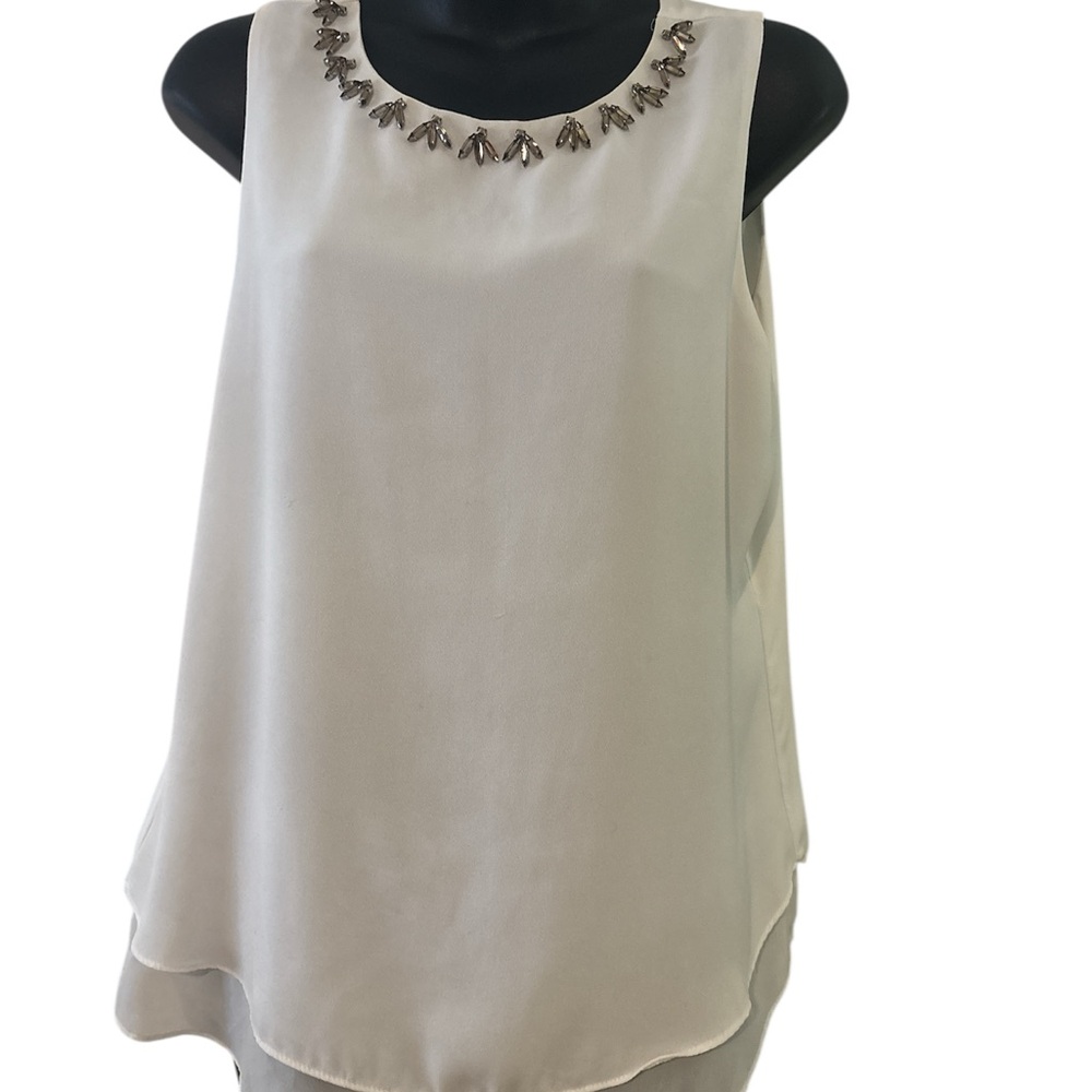 Violet & Claire Cream Sleeveless Blouse with Embellished Neckline